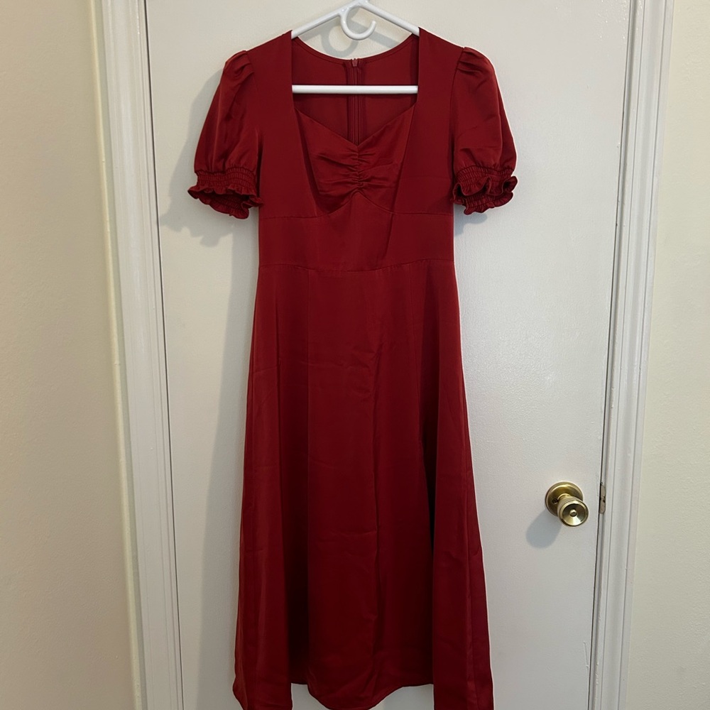 ❤️Elegant Red Puff-Sleeve Midi Dress